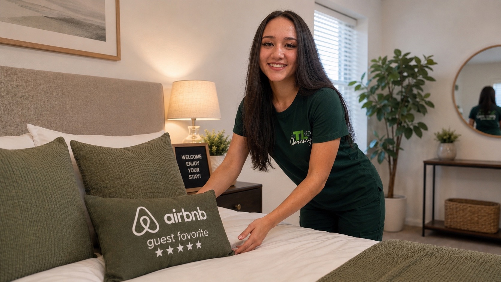 A guest-ready Airbnb room with fresh linens and clean surfaces