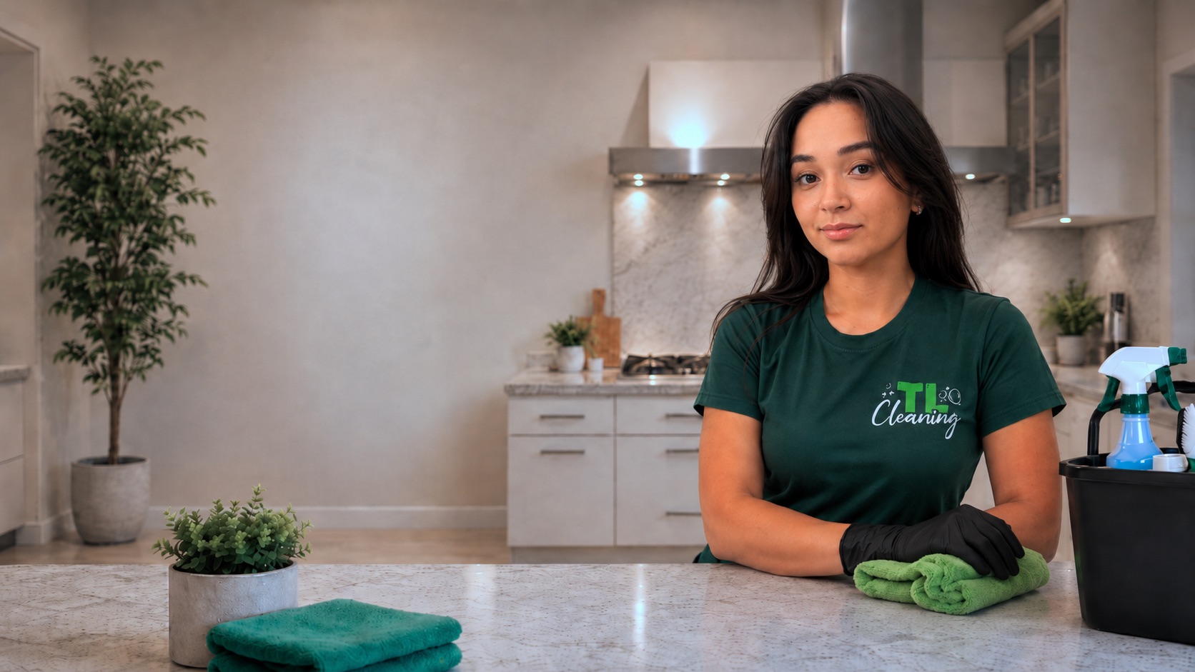 Isa from TL Cleaning Solutions in a spotless kitchen